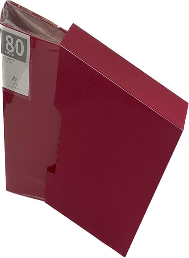 Clever 80 Crystal Clear Pockets Stripped Clear Book with Box, A4 Size, Red